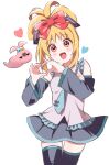  1girl :d aqua_necktie black_sleeves black_thighhighs blonde_hair blush bocchi_the_rock! bow choppy_bangs cinnamiku cinnamiku_hairstyle commentary_request cosplay cowboy_shot detached_sleeves erinko604 frilled_shirt frills gotoh_hitori gotoh_hitori_(tsuchinoko) grey_shirt grey_skirt hair_bow hands_up hatsune_miku hatsune_miku_(cosplay) heart heart_hands highres ijichi_nijika long_hair long_sleeves miniskirt necktie open_mouth polka_dot polka_dot_bow red_bow red_eyes shirt simple_background skirt sleeveless sleeveless_shirt smile standing thighhighs updo vocaloid white_background zettai_ryouiki 