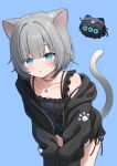  1girl animal_ears black_dress black_hoodie blue_background blue_eyes cat_ears cat_girl cat_tail collarbone cowboy_shot dress grey_hair hal_(haldayo913) hennyano_(nachoneko) hood hood_down hoodie indie_virtual_youtuber jewelry leaning_forward light_blush long_sleeves looking_at_viewer nachoneko necklace open_clothes open_hoodie parted_lips short_dress short_hair simple_background sleeves_past_fingers sleeves_past_wrists solo star_(symbol) star_necklace tail v_arms virtual_youtuber 