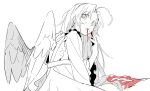  1girl absurdres bird_girl bird_wings blood blood_on_face blood_on_hands child clenched_teeth commentary_request dopperu_ben dress feathered_wings filo_(tate_no_yuusha_no_nariagari) food_in_mouth greyscale guro hand_up highres human_meat_consumption implied_cannibalism long_hair long_sleeves looking_at_viewer monochrome red_eyes simple_background sitting solo spot_color tate_no_yuusha_no_nariagari teeth wide_sleeves wings 