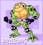  abs amphibian angry anthro battletoads belt bezerrobizarro biceps bottomless brown_skin clenched_teeth english_text flexing gloves green_skin looking_at_viewer male muscles pads pecs pose rash scales solo standing teeth text toad topless zitz_(battletoads) 