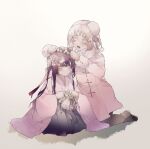  2girls alternate_hair_length alternate_hairstyle axis_powers_hetalia black_boots black_hakama black_skirt blonde_hair blue_flower boots bright_pupils brown_hair brown_pantyhose buttons closed_mouth collared_dress colored_inner_hair commentary_request dress floral_print flower full_body fur-trimmed_boots fur-trimmed_dress fur-trimmed_sleeves fur_hat fur_trim genderswap genderswap_(mtf) hachiware_(user_wwva4743) hair_between_eyes hair_ribbon hairband hakama hakama_skirt hands_up hat head_wreath high_heel_boots high_heels holding holding_head_wreath japan_(female)_(hetalia) japan_(hetalia) japanese_clothes kimono leaf long_hair long_sleeves looking_afar looking_at_another mini_hat multicolored_hair multiple_girls open_mouth pantyhose pink_dress pink_hair pink_hairband pink_kimono pink_ribbon pom_pom_(clothes) purple_eyes ribbon russia_(female)_(hetalia) russia_(hetalia) seiza shadow short_hair sidelocks simple_background sitting skirt smile teeth tongue white_background white_flower white_hat white_pupils wide_sleeves yellow_eyes yuri 