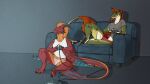 absurd_res anthro blue_eyes bottomwear breasts claws clothed clothing controller dinosaur dragon dromaeosaurid duo electronics european_mythology eztli_(user_55) feathers feet female female/female furniture game_console game_controller gaming green_body hair hi_res horn malcombtheteadragon melody_(user_55) membrane_(anatomy) membranous_wings mythological_creature mythological_scalie mythology n64_controller nintendo nintendo_64 nintendo_controller non-mammal_breasts on_sofa open_mouth panties pattern_clothing pattern_underwear playing_video_game prehistoric_species red_body reptile saurischian scales scalie shirt sitting sitting_on_ground sitting_on_sofa smile sofa striped_clothing striped_underwear stripes tail theropod toes topwear underwear velociraptor western_dragon widescreen wings wyvern yellow_eyes