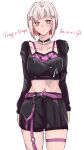  1girl absurdres arms_at_sides black_jacket black_shorts black_skirt blush bob_cut camisole character_name collarbone colored_inner_hair commentary_request cowboy_shot crop_top cropped_jacket grey_hair hair_ornament highres inverted_bob jacket link!_like!_love_live! long_sleeves looking_at_viewer love_live! multicolored_hair official_alternate_costume overskirt pink_camisole pink_eyes pleated_skirt red_hair roku_aya_fuyu short_hair shorts simple_background skirt solo song_name streaked_hair tragic_drops_(love_live!) virtual_youtuber white_background x_hair_ornament yugiri_tsuzuri 