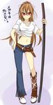  asymmetrical_clothes asymmetrical_legwear boots brown_hair cosplay fringe_trim glasses kanzaki_kaori kanzaki_kaori_(cosplay) lindoh_flores long_hair midriff original red-eyes_macadamiachoco red_eyes solo sword to_aru_majutsu_no_index weapon 