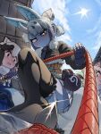  animal_ears black_eyes blue_eyes blue_skin blue_sky bottle colored_skin commentary_request extra_ears fingerless_gloves fox_ears fox_girl fox_tail ginkaku_(kemono_friends) gloves grey_hair highres horns japari_symbol kemono_friends long_hair looking_at_viewer mcgunngu necktie outdoors raccoon_ears raccoon_girl scarf school_uniform serafuku shirt short_hair skirt sky tail tanuki_(kemono_friends) thighhighs whip yellow_eyes 