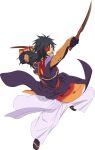  1boy armor artist_request black_hair commentary dagger dual_wielding full_body game_cg hair_between_eyes hair_over_one_eye highres holding holding_dagger holding_knife holding_weapon japanese_armor japanese_clothes knife long_hair low_ponytail mismatched_eyes official_art open_mouth orange_eyes ponytail purple_socks rokurou_rangetsu sandals smile socks solo tales_of_(series) tales_of_asteria tales_of_berseria third-party_source transparent_background weapon 
