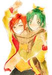  green_eyes green_hair grin hino_akane_(smile_precure!) holding_hands hug looking_at_viewer midorikawa_nao multiple_girls precure red_hair scarf shared_scarf short_hair simple_background smile smile_precure! tima white_background 