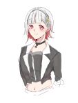  1girl black_choker black_jacket black_shirt choker closed_mouth colored_inner_hair commentary_request cropped_torso earrings highres jacket jewelry link!_like!_love_live! looking_at_viewer love_live! midriff multicolored_hair navel open_clothes open_jacket proof_(love_live!) red_eyes red_hair roku_aya_fuyu shirt simple_background smile solo split_mouth star_(symbol) star_choker star_earrings star_hairband virtual_youtuber white_background white_hair yugiri_tsuzuri 