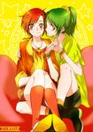  blush green_eyes green_hair green_shirt hino_akane_(smile_precure!) holding_hands midorikawa_nao multiple_girls precure red_eyes red_hair shirt short_hair smile smile_precure! tima yuri 