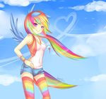  animal_ears clothed clothing cloud clouds equine female friendship_is_magic hair human humanized mammal mesunai mesunari multi-colored_hair my_little_pony necklace pegasus purple_eyes rainbow_dash_(mlp) rainbow_hair shirt shorts sky smile socks solo suggestive wings 