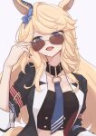  1girl animal_ears black_collar black_jacket black_shirt blonde_hair blue_bow blue_eyes blue_necktie bow breasts chahiro collar collarbone commentary_request ear_bow gold_city_(umamusume) highres horse_ears horse_girl jacket large_breasts long_hair long_sleeves looking_at_viewer midriff multicolored_nails necktie open_mouth shirt simple_background solo sunglasses tinted_eyewear umamusume upper_body 
