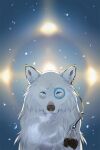 2023 2:3 azzai black_nose blue_eyes blue_markings breath canid canine canis colored colored_sketch digital_drawing_(artwork) digital_media_(artwork) ear_piercing eyebrows feathers female feral front_view fur looking_at_viewer mammal markings nude piercing shaded sketch solo white_body white_eyebrows white_fur wolf