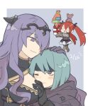  3girls :d absurdres beruka_(fire_emblem) between_breasts black_headband black_tiara blue_hair blunt_ends blush bob_cut border box box_stack breasts camilla_(fire_emblem) cheek-to-breast chibi closed_mouth commentary_request dated deep_skin demon_horns embarrassed fire_emblem fire_emblem_fates floating_hair gift gift_box grabbing_another's_breast grey_background groping hair_over_one_eye head_between_breasts headband highres holding holding_gift horns kita_senju large_breasts multiple_girls object_on_head one_eye_closed parted_bangs purple_eyes purple_hair red_hair selena_(fire_emblem_fates) short_hair simple_background smile swept_bangs tiara twintails twitter_username two-tone_background watermark white_border yuri 