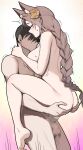  1boy 1girl absurdres animal_ear_fluff animal_ears ass black_hair braid braided_ponytail breasts brown_hair censored closed_eyes commentary commission completely_nude english_commentary faceless faceless_male flower hair_flower hair_ornament hands_on_another's_ass hetero highres large_breasts long_hair mosaic_censoring nude open_mouth original penis sex short_hair suspended_congress sweat testicles twin_(tt_lsh) 