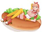  1girl :d apron aqua_eyes asymmetrical_hair blush boots bow bow_hairband bread_bun collared_shirt commentary_request crossed_bangs full_body hairband highres hinoshita_kaho lettuce link!_like!_love_live! looking_at_viewer love_live! medium_hair on_food open_mouth orange_hair over-kneehighs red_boots red_bow red_hairband red_shirt red_skirt roku_aya_fuyu roller_skates shirt simple_background skates skirt smile solo striped_clothes striped_shirt thighhighs two_side_up virtual_youtuber waist_apron white_apron white_background yellow_thighhighs 