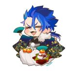  >_< 1boy blue_hair closed_eyes commentary_request cu_chulainn_(fate) earrings fangs fate_(series) folding_fan food fruit full_body goshiko86g hair_between_eyes hakama hand_fan holding holding_fan japanese_clothes jewelry kagami_mochi long_hair male_focus mandarin_orange open_mouth simple_background solo white_background white_hakama wide_sleeves 