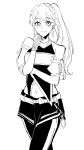 1girl absurdres bare_shoulders closed_mouth commentary_request deepness_(love_live!) fujishima_megumi greyscale highres link!_like!_love_live! looking_at_viewer love_live! monochrome navel pants ponytail roku_aya_fuyu shirt simple_background sleeveless sleeveless_shirt smile solo virtual_youtuber white_background 
