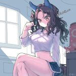  2girls animal_ears black_shorts blush bow breasts brown_hair chair closed_mouth commentary_request crossed_legs ear_bow ear_covers ear_ribbon green_bow hairband haru_urara_(umamusume) headband highres horse_ears horse_girl horse_tail indoors kasei_ovo king_halo_(umamusume) large_breasts long_hair long_sleeves looking_at_viewer midriff multiple_girls navel open_mouth pink_eyes pink_hair pink_headband ponytail red_eyes red_headband shirt shorts sitting smile tail umamusume v white_shirt window 