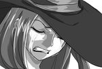  close-up closed_eyes commentary crying dragon's_crown english_commentary face greyscale hat long_hair matsu-sensei monochrome solo sorceress_(dragon's_crown) tears witch_hat 