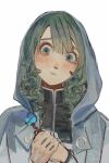  1other androgynous black_shirt blue_eyes blue_jacket blunt_bangs blush clenched_teeth detached_hood eyelashes freckles green_hair hair_between_eyes hatsburg head_tilt highres holding holding_wand hood hood_up hooded_jacket jacket len'en long_sleeves medium_hair nostrils open_clothes open_jacket orb other_focus own_hands_together scared shirt shitodo_aoji simple_background sleeves_past_wrists solo straight-on tareme tearing_up teeth turtleneck turtleneck_shirt upper_body wand wavy_hair white_background zipper 