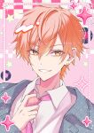  1boy adjusting_clothes adjusting_necktie awanoo blonde_hair clenched_teeth collared_shirt commentary_request eyes_visible_through_hair hair_between_eyes hand_up highres looking_at_viewer male_focus multicolored_hair necktie orange_hair parted_bangs pink_necktie project_sekai shinonome_nano shirt short_hair smile solo sparkle star_(symbol) streaked_hair teeth two-tone_hair upper_body vinyl_record white_shirt wing_collar yellow_eyes 