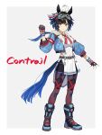  1girl ahoge animal_ears belt black_gloves black_hair black_leggings black_shorts blue_boots blue_jacket blush boots breasts brown_belt brown_hair character_name clenched_hand closed_mouth commentary_request contrail_(racehorse) covered_navel cropped_jacket ear_ribbon fingerless_gloves gloves goggles goggles_on_head hair_between_eyes highres horse_ears horse_girl horse_tail jacket leggings leotard long_sleeves nagise_rysta neckerchief original overskirt personification red_neckerchief short_hair shorts simple_background skirt smile solo tail umamusume white_hair white_leotard white_skirt 