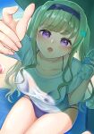  1girl absurdres beach bottle chiyo_minase commentary_request green_hair hairband heaven_burns_red highres holding holding_bottle murofushi_risa on_ground open_mouth plastic_bottle purple_eyes see-through_clothes swimsuit 
