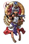  1girl ancient_egyptian_clothes anklet aqua_eyes bracelet breasts closed_mouth dark-skinned_female dark_skin dress earrings energy_ring gold_sandals gold_trim grey_hair harakawa_mitsuhiro head_ornament headband holding holding_staff isis_(shinrabanshou) jewelry light_smile long_hair low_wings nail_polish official_art pointy_ears red_nails sandals shinrabanshou sleeveless sleeveless_dress solo staff third-party_source transparent_background usekh_collar white_dress wings 