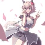  1girl animal_ears artist_name bare_shoulders black_hairband blush bow breasts cleavage commentary_request curren_chan_(umamusume) double_v ear_bow ear_covers falling_petals grey_overskirt grey_shirt grey_shorts hairband hands_up highres horse_ears horse_girl horse_tail kasei_ovo looking_at_viewer medium_breasts meni_shuki_rush-sshu! midriff petals pink_petals red_bow shirt short_hair shorts smile solo tail thighs umamusume v 