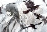  abstract_background bird black_eyes black_hair crow from_behind kiyohara_hiro lips long_hair looking_back muted_color original parted_lips profile solo topless zipper 