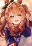  1girl absurdres animal_ears blue_coat blush bow coat commentary_request ear_bow ear_ribbon gloves hair_between_eyes highres horse_ears horse_girl horse_tail long_hair long_sleeves looking_at_viewer mayano_top_gun_(umamusume) open_mouth orange_eyes orange_hair orange_tail purple_skirt purple_thighhighs red_gloves red_scarf scarf school_uniform skirt smile solo tail thighhighs tracen_school_uniform tracen_winter_coat two_side_up umamusume winter_clothes winter_coat winter_uniform yu-muge 