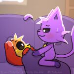 anthro bedding black_eyes blanket blush blush_lines bodily_fluids bone canid canine canis catnap_(poppy_playtime) charm_(jewelry) dogday_(poppy_playtime) domestic_cat domestic_dog dominant dominant_male duo ears_down ears_up felid feline felis fur furniture hiding jewelry long_ears long_tail lying male mammal mob_entertainment necklace on_back on_sofa on_top on_top_of_another orange_body orange_fur pivoted_ears poppy_playtime pupils purple_body purple_fur smile smiling_critters smirk smirking_at_another sofa sweat sweatdrop tail tinky under_blanket white_pupils yellow_body yellow_fur