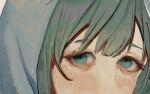  1other androgynous bags_under_eyes blue_eyes blue_hood close-up eye_focus eyelashes freckles green_hair hair_between_eyes hatsburg hood hood_up len'en light_blush looking_at_viewer other_focus shitodo_aoji solo 