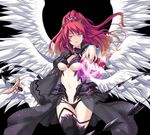  1girl black_background breasts eushully game_cg legs long_hair looking_at_viewer madou_koukaku navel ponytail power red_hair simple_background solo standing thighs weapon white_wings wings yellow_eyes 