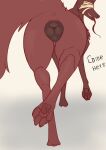 absurd_res animal_genitalia animal_vulva canid canine canine_genitalia canine_vulva canis cult cultist female feral fur genitals hi_res jackal looking_back mammal paws presenting presenting_vulva red_body ria_(sasers) sasers solo tail text vulva wide_hips