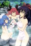  :d absurdres bath black_hair blue_eyes blue_hair closed_eyes date_a_live hair_bobbles hair_ornament hair_ribbon hand_puppet highres itsuka_kotori looking_back megami multiple_girls nude official_art onsen open_mouth puppet purple_eyes red_hair ribbon smile tometome towel yatogami_tooka yoshino_(date_a_live) yoshinon 