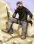  absurd_res brown_eyes camo eyewear fadzai goggles grin gun hi_res hyena looking_at_viewer male mammal metal_horns military ranged_weapon rifle shemagh solo uniform weapon 