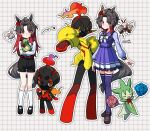  1girl age_progression ahoge alternate_color animal_ears armarouge arrow_(symbol) black_shorts blush bow bowtie breasts brown_hair budew bug charcadet closed_eyes closed_mouth commentary_request cutiefly ear_flower fire flower gradient_hair highres holding holding_pokemon horse_ears horse_girl horse_tail insect_wings long_sleeves looking_at_viewer multicolored_hair open_mouth pleated_skirt pokemon pokemon_(creature) purple_sailor_collar purple_serafuku purple_shirt purple_skirt purple_thighhighs red_hair ribombee rose_kingdom_(umamusume) roselia_(pokemon) sailor_collar sailor_shirt saramiao-chan school_uniform serafuku shiny_pokemon shirt shoes short_hair shorts skirt smile socks sparkle tail thighhighs tracen_school_uniform two-tone_hair umamusume white_bow white_bowtie white_shirt white_socks wings 