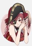  1girl :> ascot bare_arms bare_shoulders black_hat border character_name closed_mouth commentary_request eyepatch hands_up hat highres hololive houshou_marine interlocked_fingers long_hair looking_at_viewer one_side_up orange_eyes outside_border own_hands_together pirate_hat red_ascot red_hair red_shirt round_border shirt sleeveless sleeveless_shirt solo takosuke_(gyzp7373) upper_body virtual_youtuber 