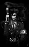  belt black blood greyscale gun leather long_hair monochrome murder nazi necktie swastika tie weapon 