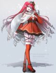  1girl baobhan_sith_(fate) bare_shoulders belt boots bow breasts cleavage collarbone commentary detached_collar diandao_qin dress earrings fate/grand_order fate_(series) full_body fur_trim grey_eyes hair_bow highres jewelry large_breasts long_hair looking_at_viewer off_shoulder open_mouth pink_hair pointy_ears red_boots red_dress sack santa_costume santa_dress sidelocks smile solo thigh_boots 