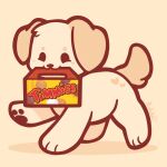  :3 animal animal_focus artist_name baby_animal black_eyes box chibi chibi_only commentary dog english_commentary full_body mouth_hold no_humans original pankekie pawpads puppy shadow simple_background solid_oval_eyes standing thick_lineart tim_hortons walking yellow_background yellow_theme 