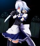  apron black_legwear bow breasts cleavage corset dress elbow_gloves garter_straps gloves glowing glowing_eyes hair_bow highres izayoi_sakuya knife profile puffy_sleeves red_eyes small_breasts solo stopwatch suibotuouji thighhighs touhou waist_apron watch wrist_cuffs 