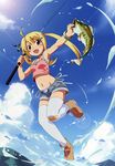  :d bandaid bandaid_on_clothes bandaid_on_knee blonde_hair blue_sky breasts brown_eyes cloud crop_top crop_top_overhang day denim denim_shorts fang fish fish_hair_ornament fishing fishing_rod full_body hair_ornament highres jamie_(let's_try_bass_fishing) legs lens_flare let's_try_bass_fishing looking_at_viewer midriff navel open_mouth short_shorts shorts sky small_breasts smile spaghetti_strap splashing sun sunlight tank_top thighhighs twintails watanabe_akio white_legwear 