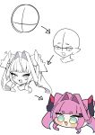  1girl :3 :d absurdres arknights arknights:_endfield black_horns blunt_bangs blush_stickers chibi cropped_head dragon_girl dragon_horn fang hair_intakes hair_on_horn heart highres horns lineart looking_at_viewer multicolored_horns multiple_views pink_hair pointy_ears shinonome_nashi short_eyebrows simple_background smile two-tone_horns white_background yvonne_(arknights) 