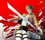  ascot bad_id bad_pixiv_id belt black_eyes black_hair boots dual_wielding hinatsu holding jacket levi_(shingeki_no_kyojin) male_focus paradis_military_uniform shingeki_no_kyojin solo sword thigh_strap weapon wire 