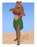  accessory anthro bear belly big_nose breasts claws clothing countershade_torso countershading crop_top dark_nose eyelashes female flower flower_in_hair freckled_arms freckled_belly freckled_face freckled_legs freckled_shoulders freckled_thighs freckles grass_skirt green_eyes hair hair_accessory hair_down hi_res kat_(katahdin) katahdin long_eyelashes mammal navel nub_tail orange_hair pawpads plant round_ears sand selfie shirt solo thick_thighs toe_claws topwear 