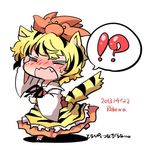  1girl animal_ears artist_name bad_id bad_twitter_id blonde_hair blush closed_eyes dated fang kemonomimi_mode lowres open_mouth rebecca_(keinelove) ribbon short_hair speech_bubble tail tiger_ears tiger_tail toramaru_shou touhou 