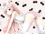  1boy androgynous cock_sleeve cocksleeve condom corset green_eyes hair_ribbon idiotidiot long_hair male male_focus panties penis_ornament pink_hair pink_panties ribbon solo thighhighs trap underwear white_legwear 