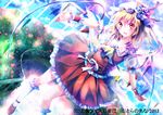  ascot blue_sky blush cloud embellished_costume flandre_scarlet flat_chest flower hat hat_flower looking_at_viewer mob_cap open_mouth outstretched_arms puffy_sleeves red_eyes riichu shirt short_sleeves side_ponytail skirt skirt_set sky smile solo touhou vest wings wrist_cuffs 